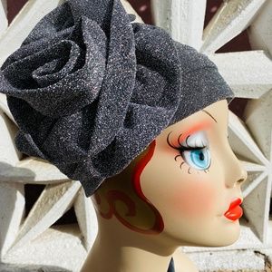 Gun Metal Silver Gorgeous sparkle metallic flower turban hat cloche